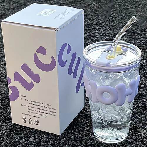 韩系玻璃杯子ins风高颜值女大容量家用学生办公室咖啡吸管果汁杯