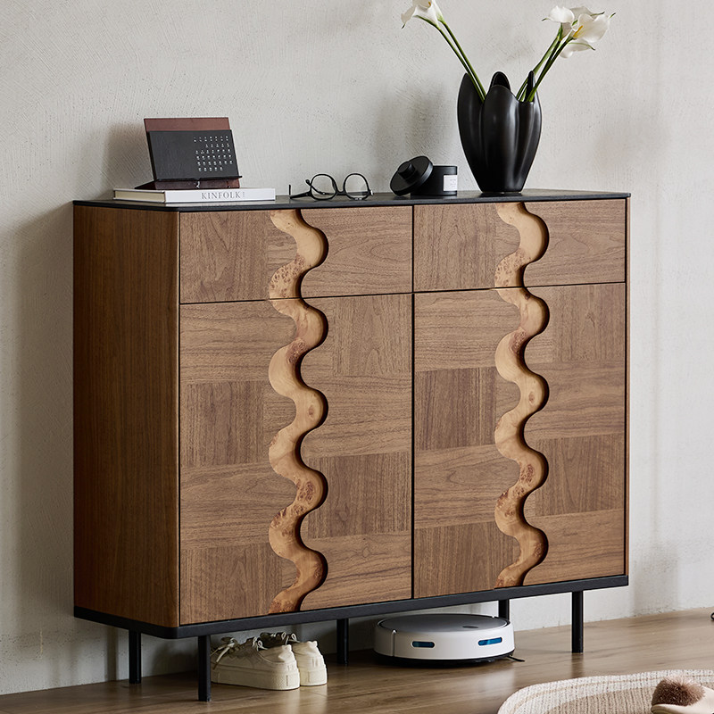 中古风鞋柜 家用复古侘寂风玄关柜 黑胡桃色实木多层板门口储物柜