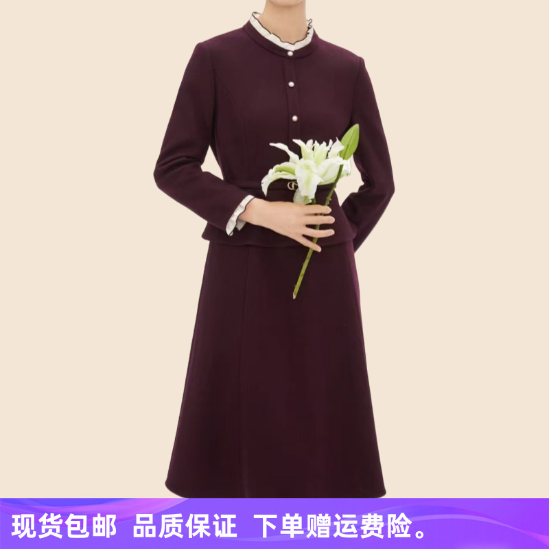 现货商场同款2024冬季新品时尚简约花边立领连衣裙子【绵羊毛】