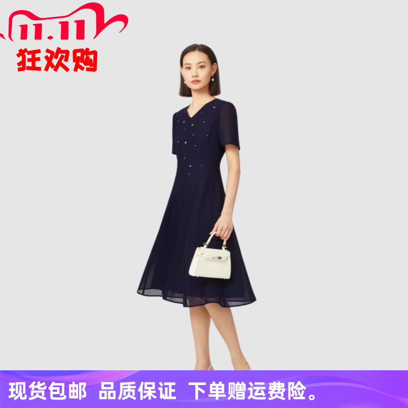 【简约显瘦】25年新品商场同款时尚气质V领显瘦手工订珠A字连衣裙