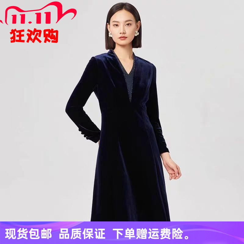 娜家女装商场同款2025秋季新款时尚v领钉钻显瘦优雅丝绒连衣裙子