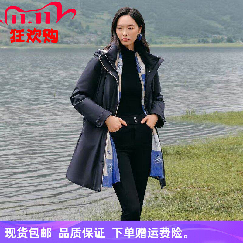 娜家女装商场同款冬季新款时尚简约鹅绒保暖羽绒服连帽中长款外套
