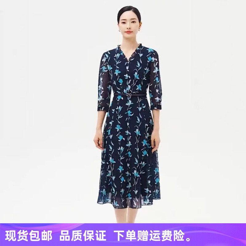 商场同款【配腰带】2025春夏季新款时尚气质网纱印花修身连衣裙子