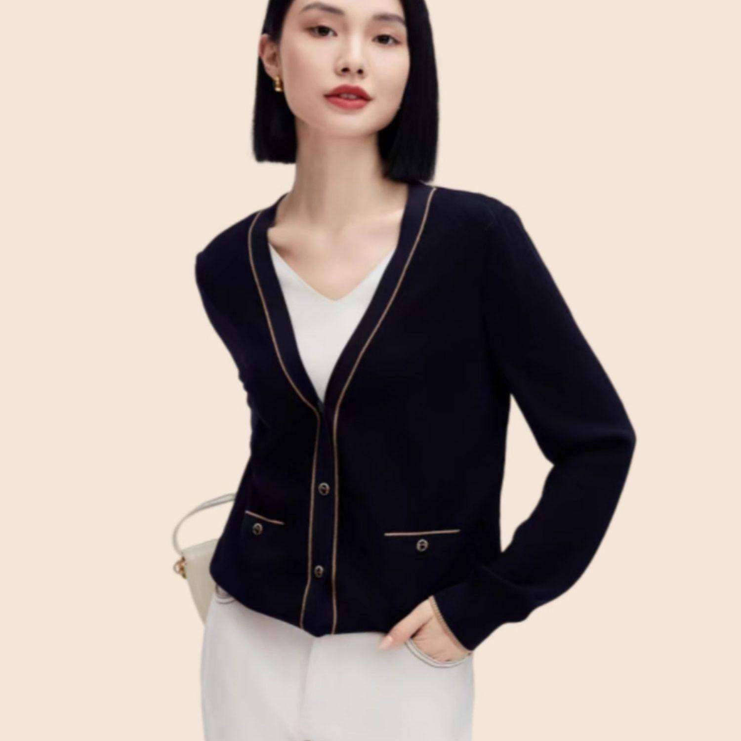 2025秋冬新品商场同款时尚V领经典简约假两件针织衫长袖套头上衣