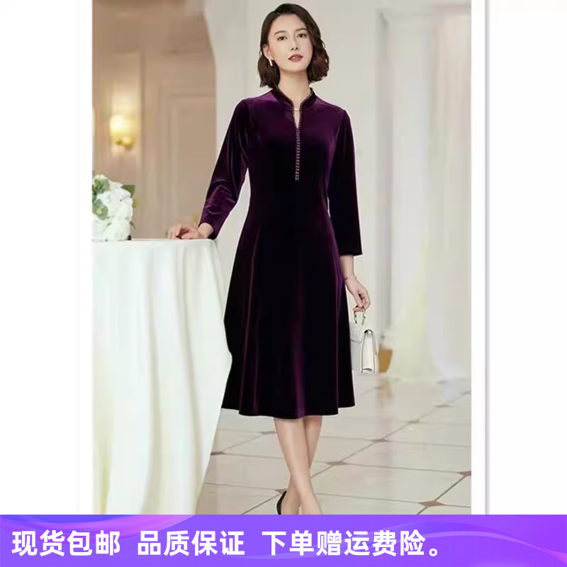 秋冬季商场同款时尚简约改良旗袍款气质高贵丝绒时尚中长连衣裙子
