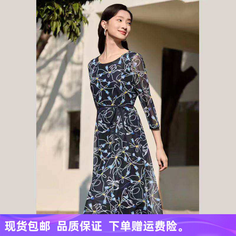 商场同款2026春季新品经典圆领气质显瘦印花网纱收腰A字连衣裙子