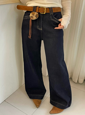 高腰深蓝色微喇牛仔裤女2925冬季新款加厚绒直筒裤时尚显瘦休闲裤