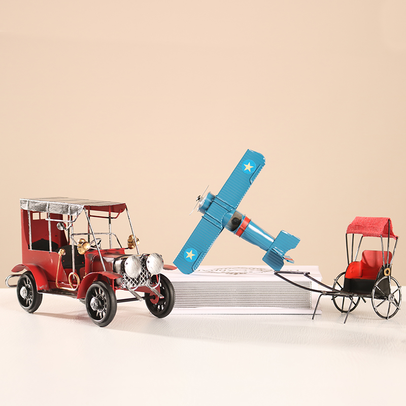 美式复古铁艺飞机战斗机老爷车黄包车模型摆件儿童房家居装饰品