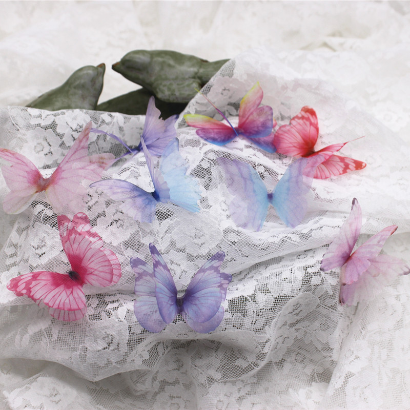 单片 4厘米左右 薄纱蝴蝶梦幻彩色蝴蝶翅膀 手工diy古风和风发饰