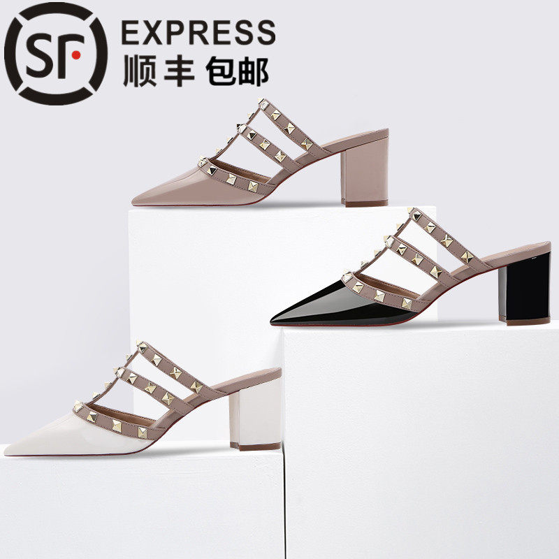 黑色高跟鞋漆皮尖头铆钉裸色中粗跟凉鞋职业工作高跟鞋穆勒拖女