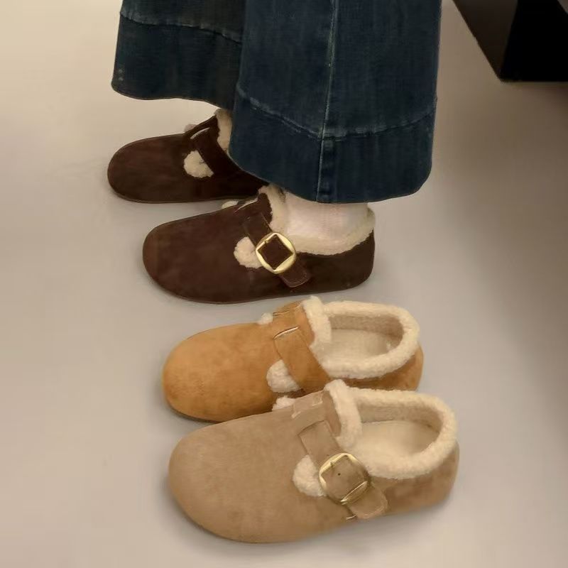 品牌加绒勃肯鞋女秋冬毛毛鞋一脚蹬皮带扣单鞋保暖增高软底棉鞋女