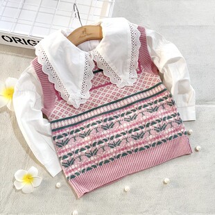 女童针织马甲2023春款新款洋气儿童毛衣外穿背心宝宝粉色上衣童装