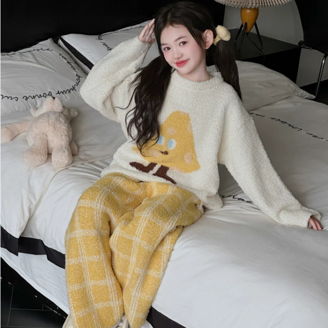 半边绒加厚睡衣A类卡通风中大童家居服套装保暖韩版可外穿秋冬季