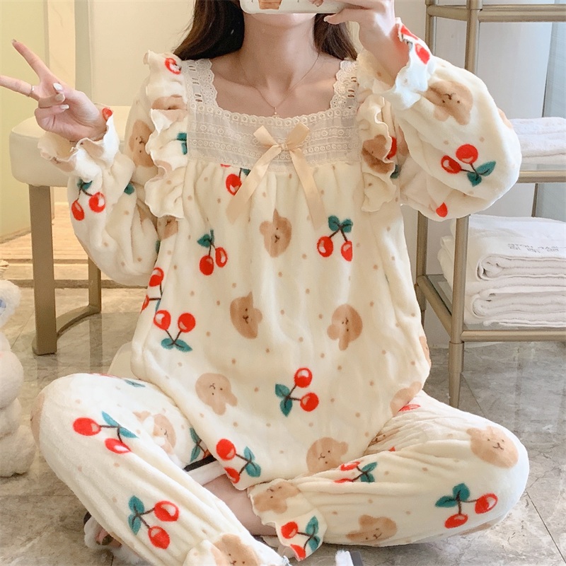 女生珊瑚绒可爱公主风睡衣女套装