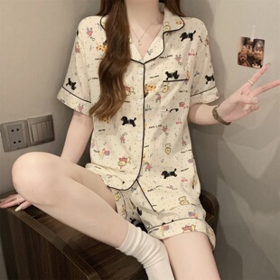 夏季薄款云朵棉学生睡衣女人开衫短袖短裤卡通可爱小狗家居服套装