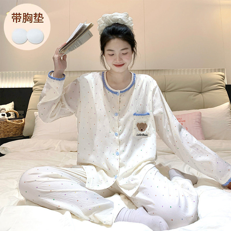 可爱甜美风小熊波点睡衣女春秋季长袖长裤带胸垫云朵棉家居服套装,女士内衣/男士内衣/家居服,睡衣/家居服套装,淘宝优惠券,粉丝福利购,淘宝优惠卷