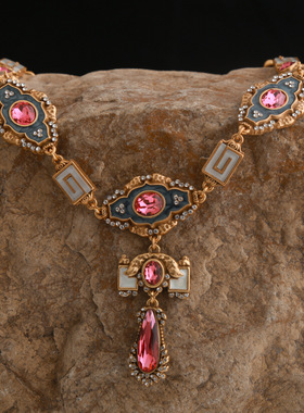 新款个性小众中古粉水晶镶钻首饰