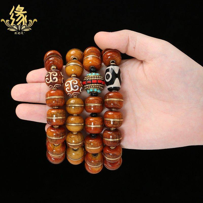 牦牛骨手串男款藏族饰品文玩盘玩念珠佛珠藏式老料三眼天珠手链