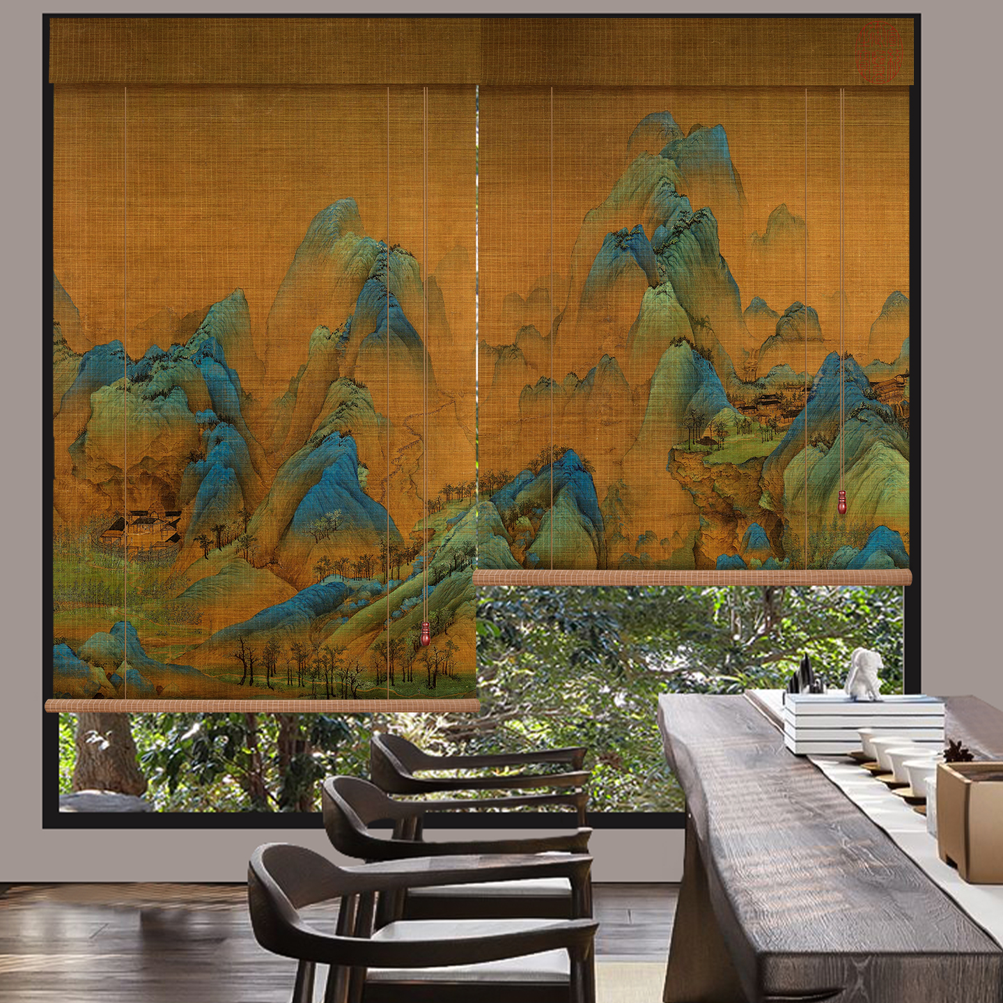 定制印花竹帘卷帘山水新中式