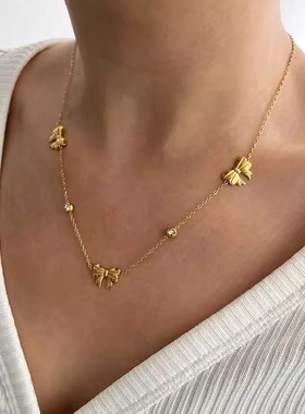 锁骨链蝴蝶结锆石质感14K镀金吊坠叠戴纤细项链SlimNecklaceStar