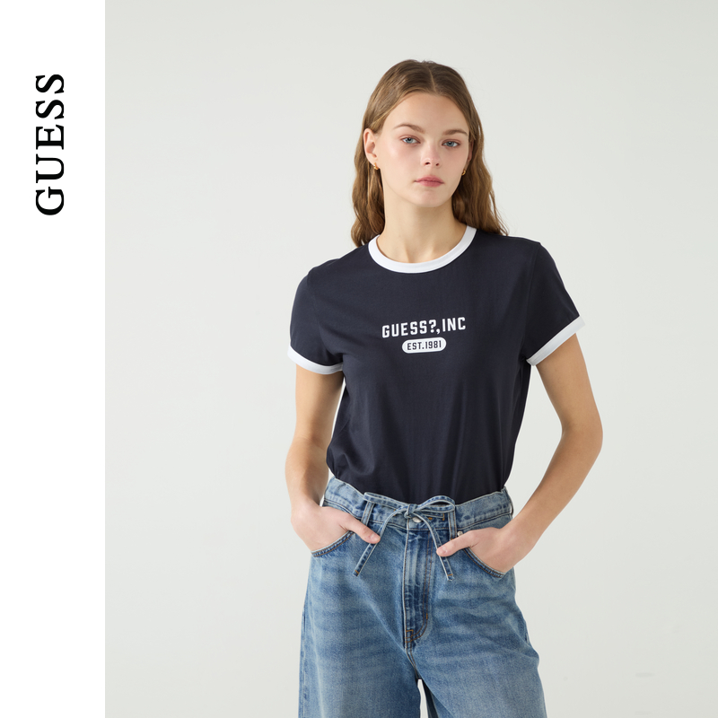 GUESS25年新款春季女士纯棉圆领撞色罗纹修身短袖T恤-W5PP89K2Q40
