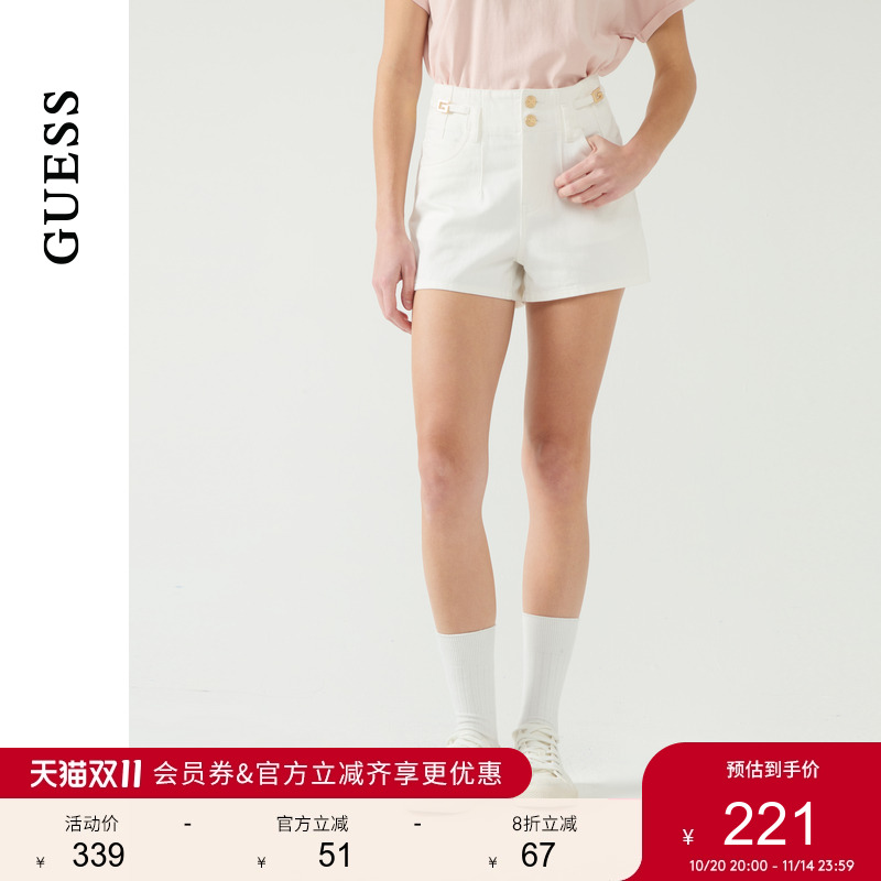 GUESS女士金属配饰纯白水洗牛仔短裤-W5PD3ED51V0