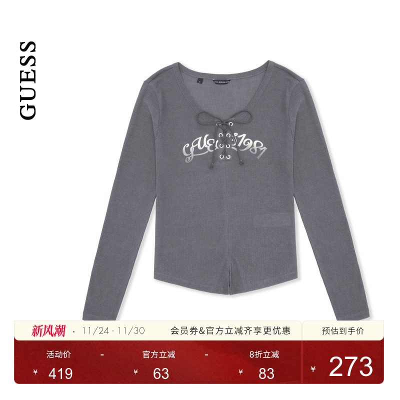 GUESS蝴蝶结装饰V领长袖T恤