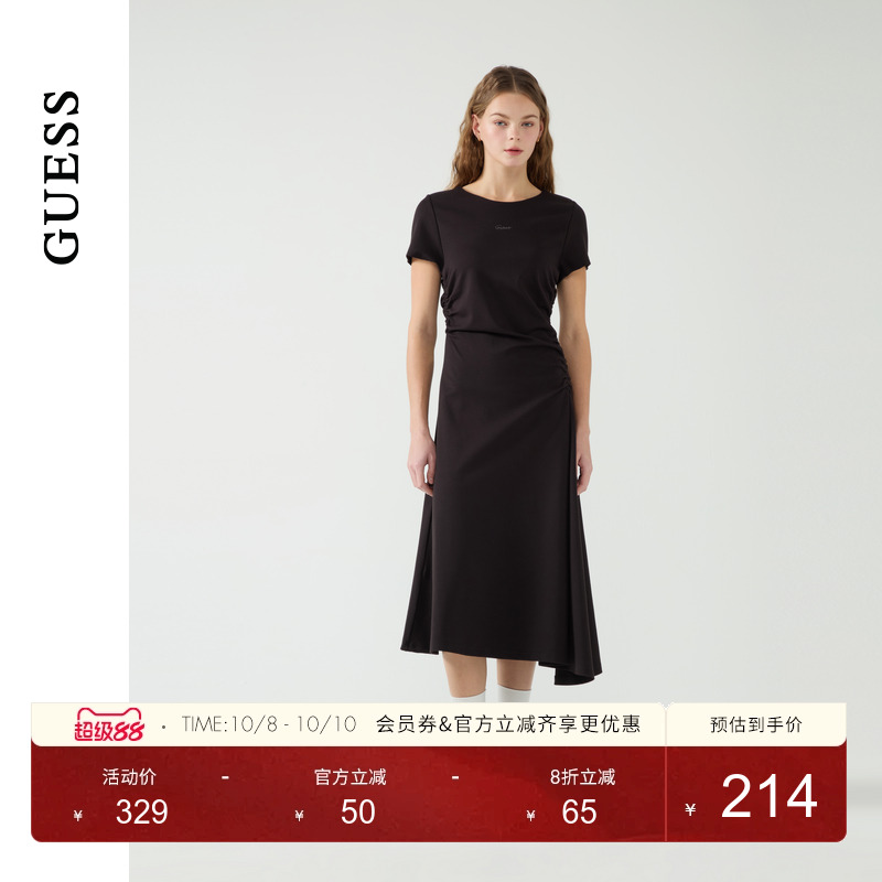 GUESS女士褶皱收腰圆领短袖气质连衣裙-W5PK1HK2Q40