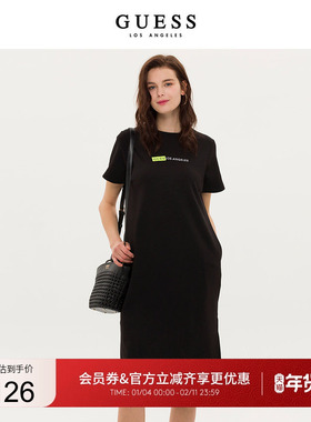 GUESS 女士绣花短袖圆领黑色宽松连衣裙-Q3PK33K2Q40