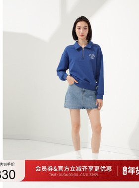 GUESS女士POLO领半拉链克莱因蓝百搭卫衣-YO1K9441K