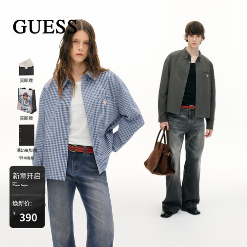 GUESS秋季新款经典细格纹潮流宽松休闲时尚翻领长袖格子衬衫外套