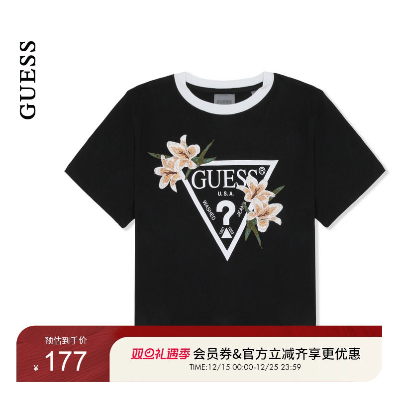 GUESS针织刺绣百合logo短袖T恤