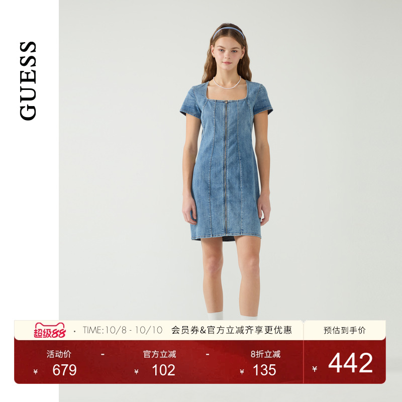 GUESS女士大方领短袖水洗牛仔连衣裙-W5PK1MD51V0