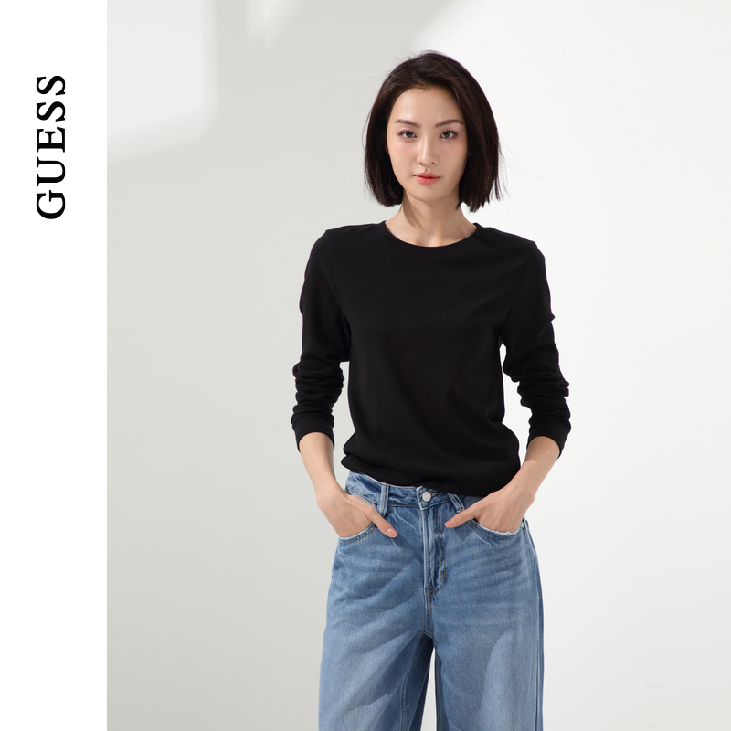 GUESS女士纯色简约百搭小众基础款长袖卫衣-YO1K2410