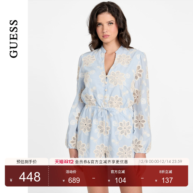 GUESS 女士田园风V领收腰镂空连体衣-W5YD91WHEO0