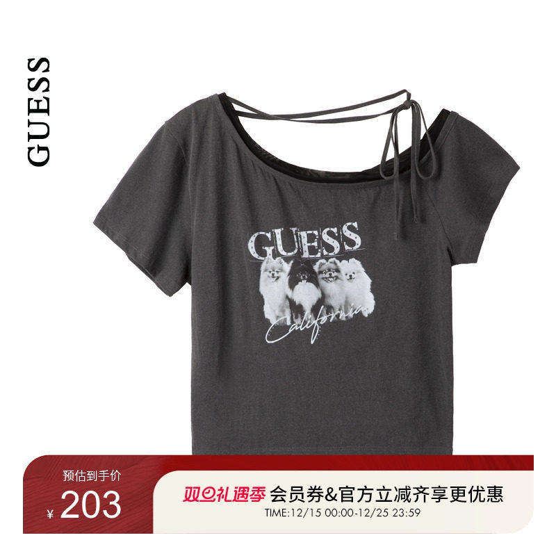 GUESS女士系带不对称设计纯欲青春短袖T恤-YP2K2441