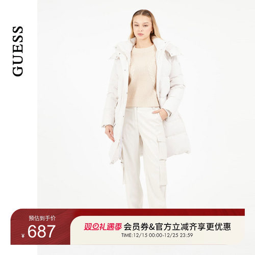 GUESS日常连帽中长款羽绒服