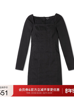 GUESS女士纯色简约方领水洗牛仔连衣裙-W5RK84D4PZ0