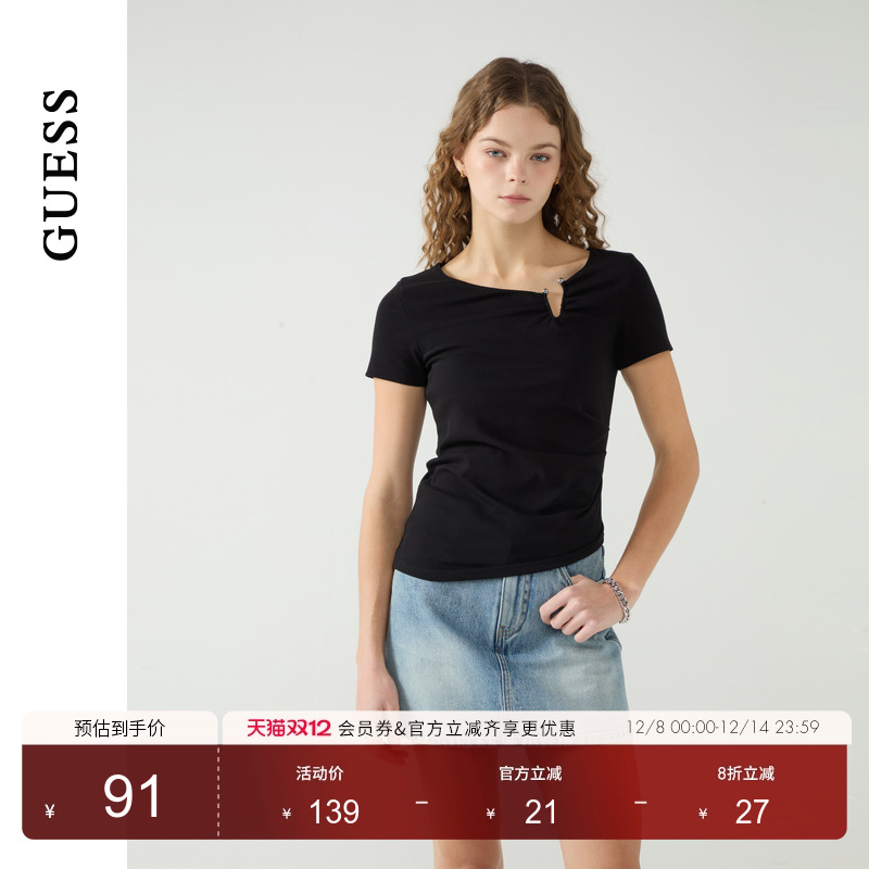 GUESS女士金属开口显瘦纯欲抽褶正肩T恤-W5PP79K2Q40