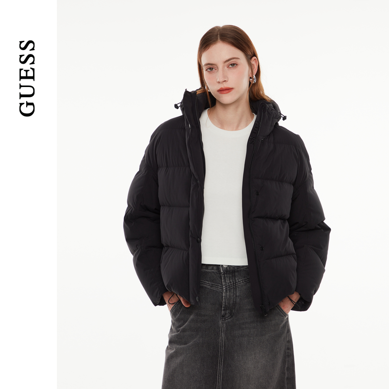 GUESS纯色立领连帽羽绒服
