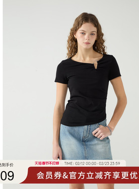 GUESS女士金属开口显瘦纯欲抽褶正肩T恤-W5PP79K2Q40