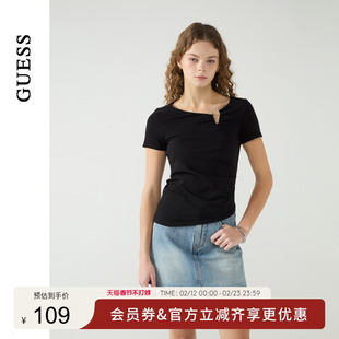GUESS女士金属开口显瘦纯欲抽褶正肩T恤-W5PP79K2Q40