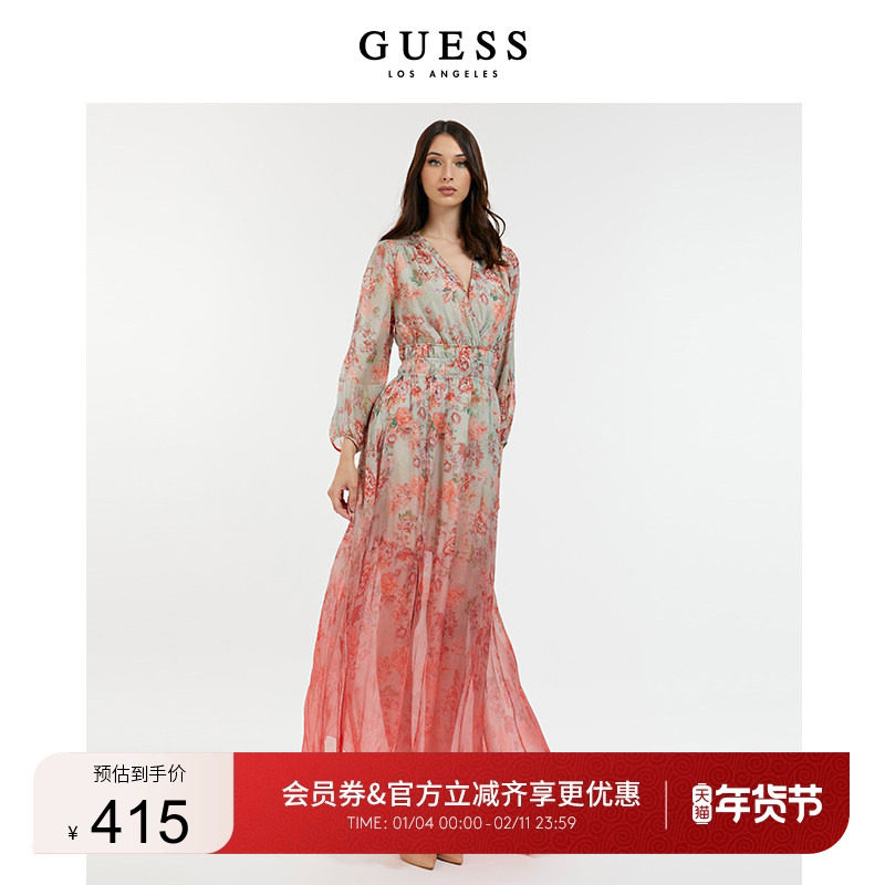 GUESS女士派对粉印花复古性感设计感时尚连衣裙,女装/女士精品,连衣裙,淘宝优惠券,粉丝福利购,淘宝优惠卷