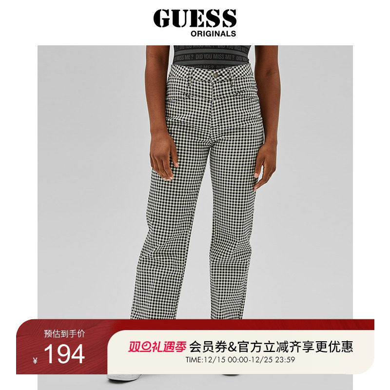 GUESS黑白格子直筒牛仔裤