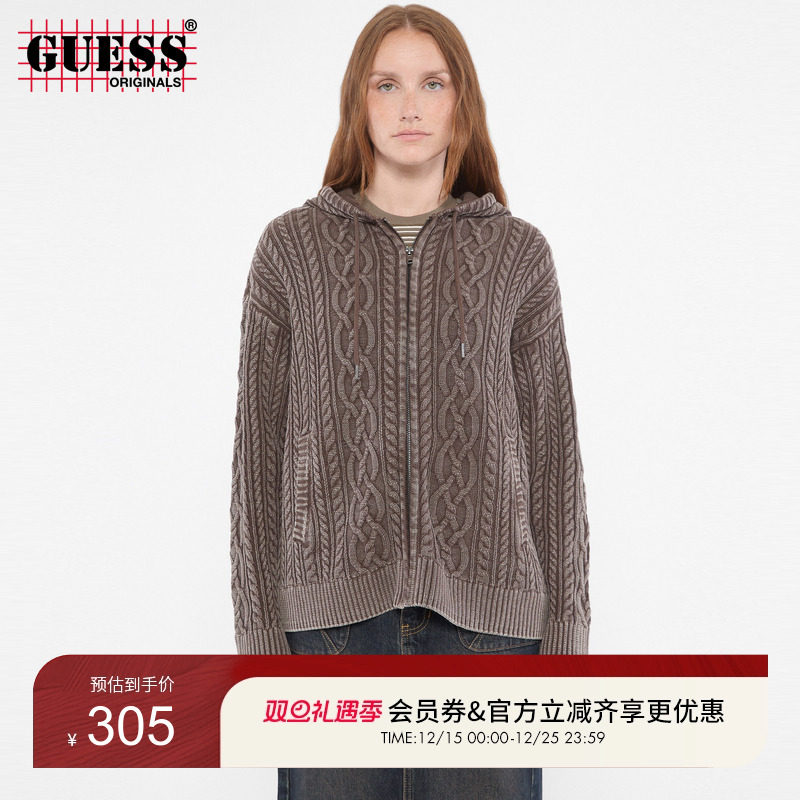 GUESS麻花纹理连帽拉链开衫