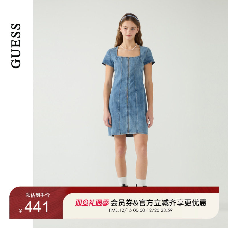GUESS女士大方领短袖水洗牛仔连衣裙-W5PK1MD51V0