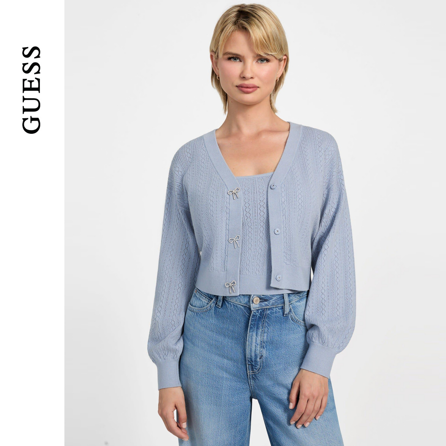 GUESS 女士慵懒长袖蝴蝶结开衫针织衫-W5YR01Z2ZK2