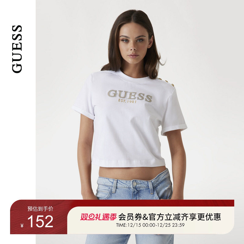 GUESS女士短款修身字母印花圆领短袖T恤-W5GI15K8FQ4