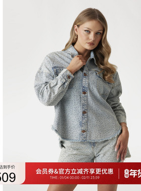 GUESS女士镶珠斑点毛边休闲牛仔衬衫-W5GN90D5LQ2