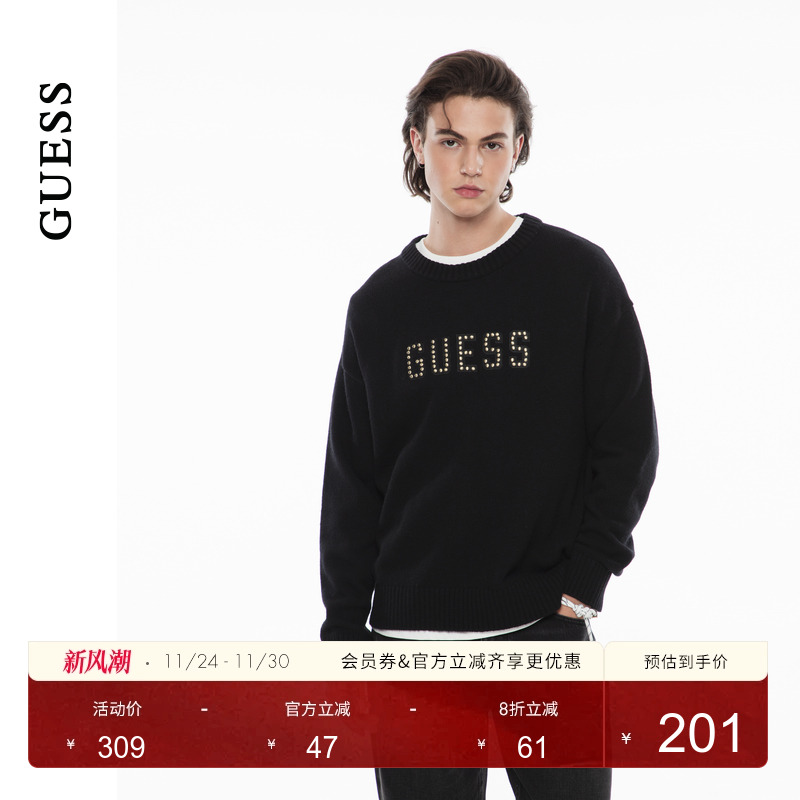 GUESS镶钻logo设计圆领毛衣